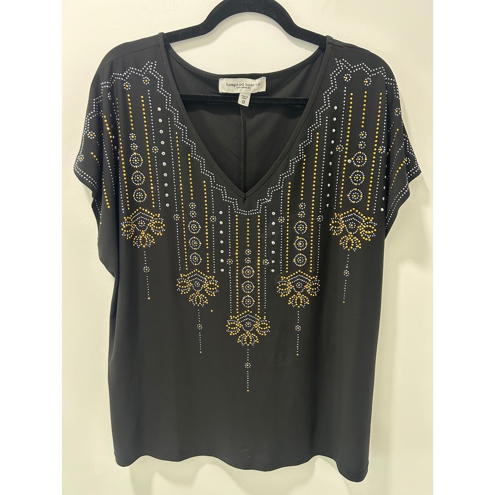 Tempted Hearts Los Angeles Black Studded Rhinestone V-Neck Blouse Top 2X RA6409P